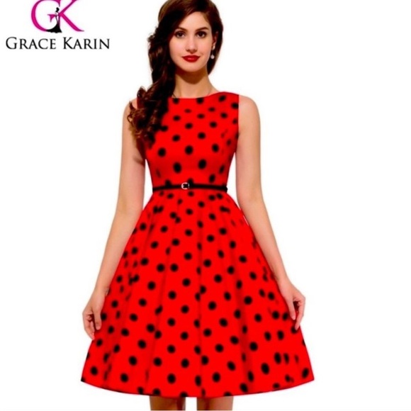 Women’s Grace Karin Retro Polka Dot Flare Sleeveless Dress With Belt Medium - Picture 2 of 16